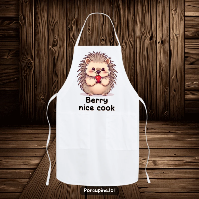 Funny Apron showing a porcupine carefully offering a single berry held delicately in its paws, symbolizing sharing and kindness while cooking.