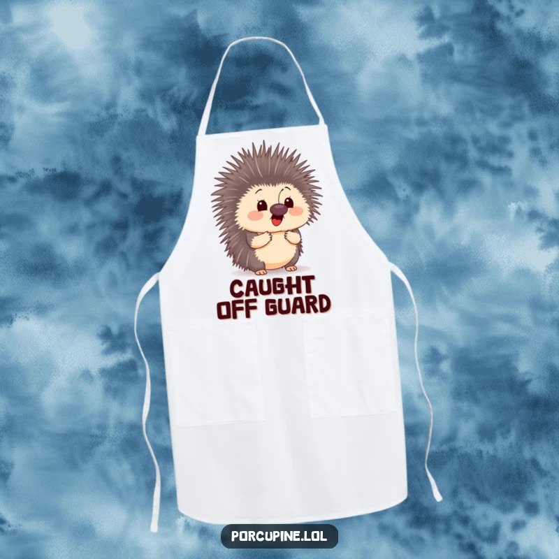 Funny apron illustration of a surprised porcupine with a butterfly on its nose, adding a humorous and charming touch to cooking.