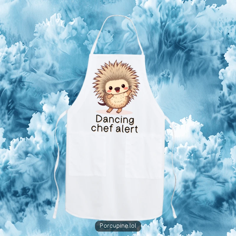 Funny apron adorned with a joyful porcupine doing a little dance, its feet tapping a happy beat while cooking.