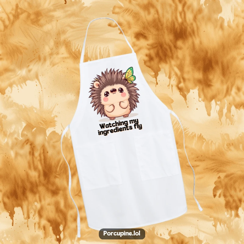 Funny Kawaii Porcupine Apron: A cute porcupine with curious eyes watching a butterfly, adding a touch of nature's humor to kitchen adventures.