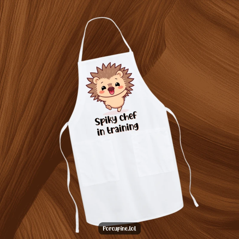 Funny Kawaii Porcupine Apron: A cute, smiling porcupine doing a happy little hop, ready for kitchen duty with its infectious prickly charm and humor.