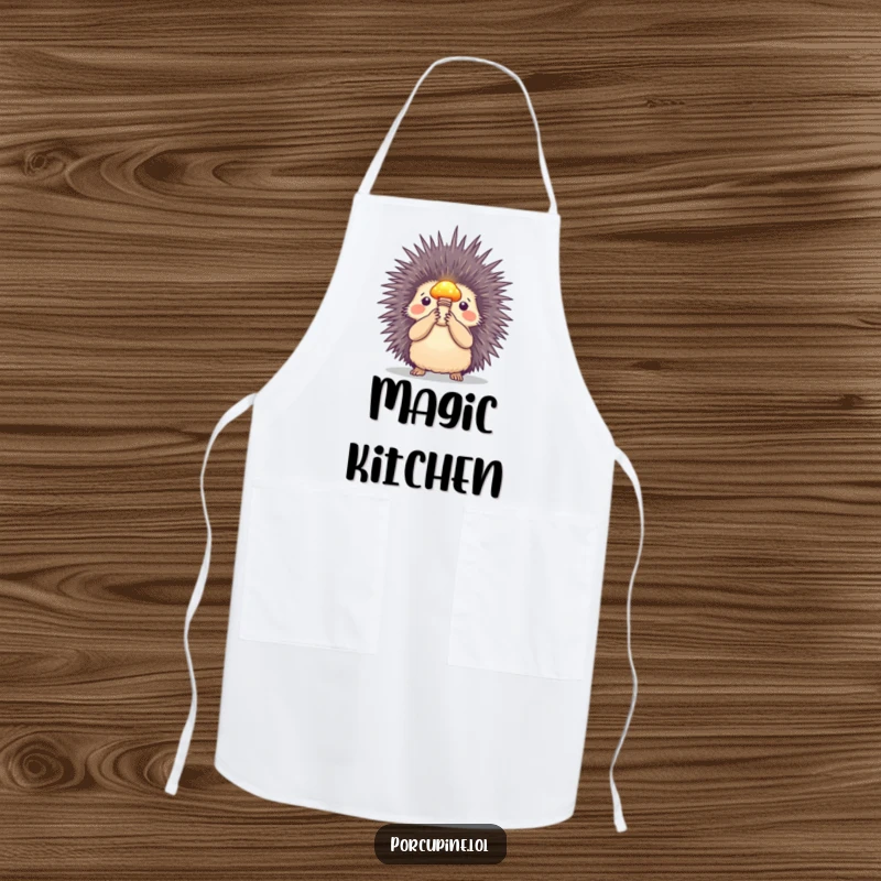 Funny apron illustrating a porcupine holding a small, glowing mushroom aloft, perfect for cooks who enjoy magical and humorous designs.