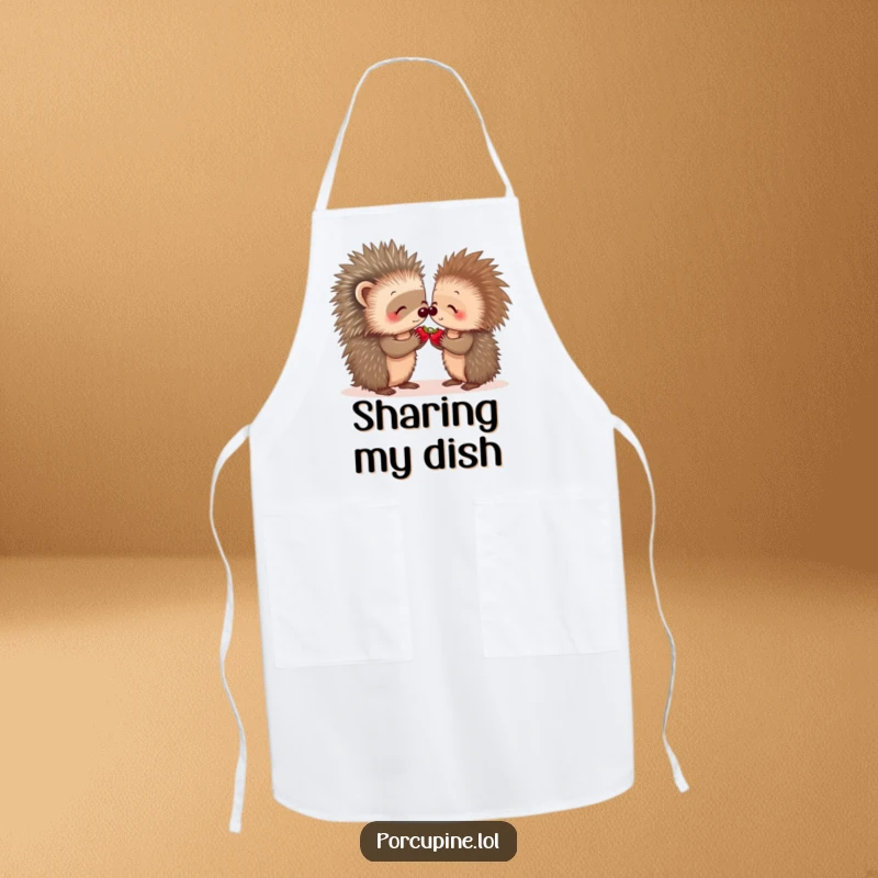 Funny porcupine berry share apron featuring two porcupines sharing a tiny berry, promoting kindness in the kitchen.