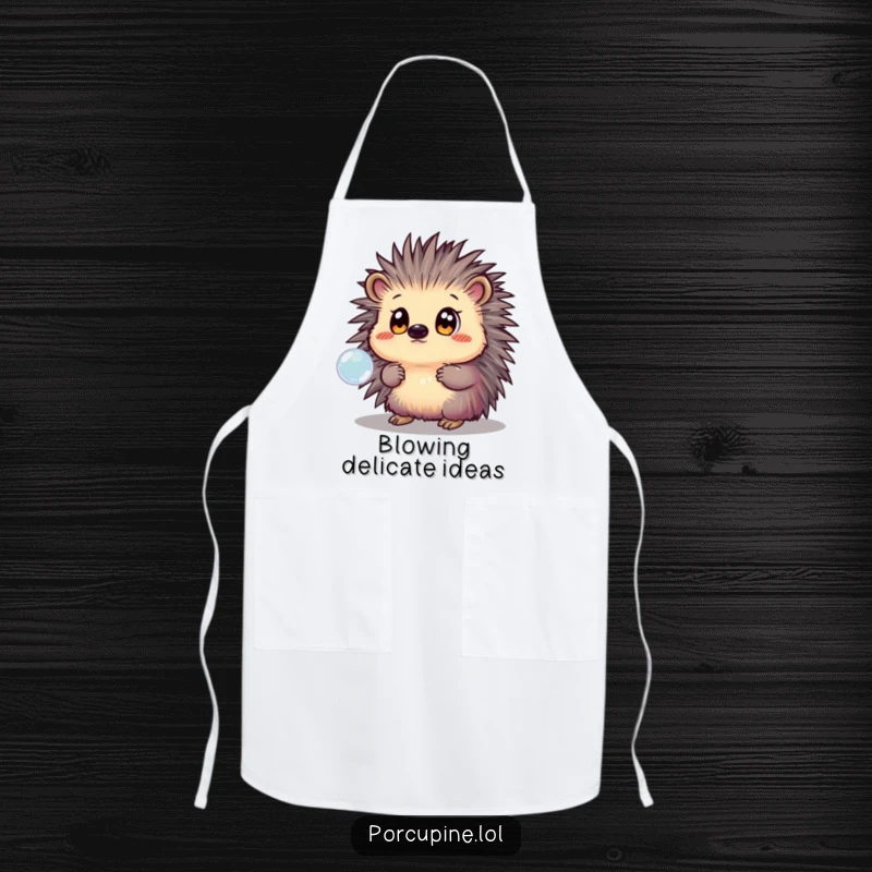Funny Apron showcasing a broad-eyed porcupine, captivated by the delicate shimmer of a floating bubble while preparing a meal.