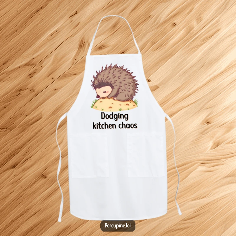 Funny apron showing a porcupine comically rolling down a hill, quills out, ideal for a playful chef or baker.