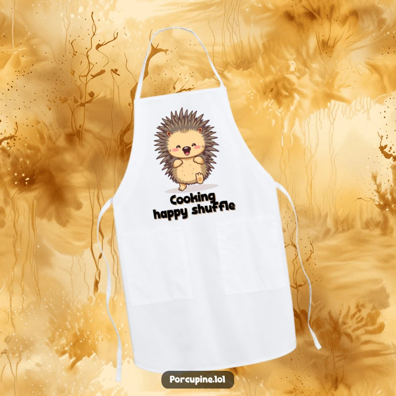 Funny porcupine shuffle apron featuring a porcupine happily dancing with its feet, adding a cheerful touch to kitchen duties.