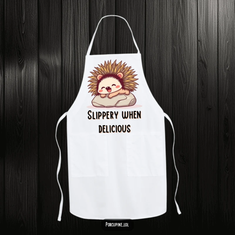 Funny apron showing a porcupine sliding with pure glee down a smooth stone, perfect for kitchen fun and protection.