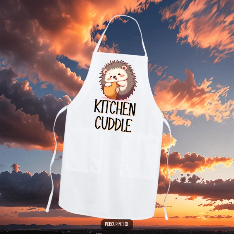 Funny apron illustrating a porcupine happily rolling into a ball, perfect for adding playful humor to kitchen activities.