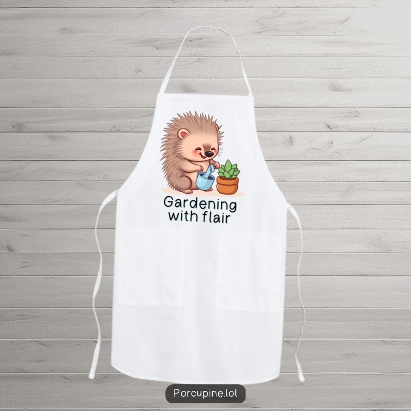 Funny apron showing a happy porcupine carefully watering a small succulent plant, ideal for kitchen or gardening fun.