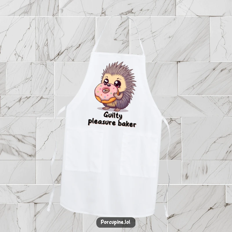 Funny apron featuring a porcupine with huge eyes proudly holding a giant donut, perfect for a joyful baking experience.