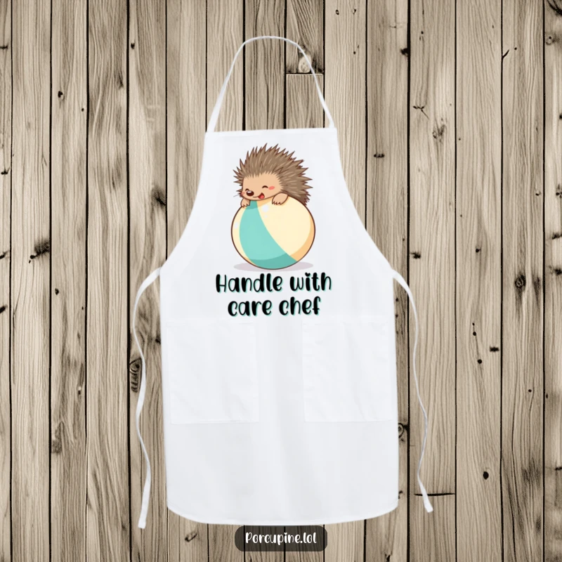 Funny beach ball porcupine apron showing a joyful porcupine bouncing on a beach ball, ideal for kitchen fun and mess protection.