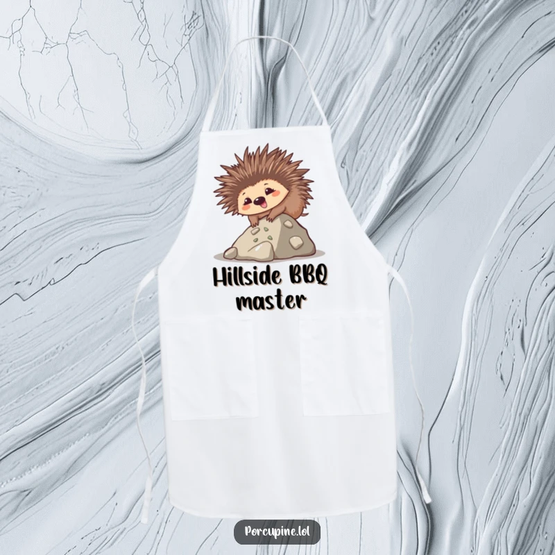 Funny apron showing a goofy kawaii porcupine smiling while climbing a small hill, a humorous and determined kitchen essential.