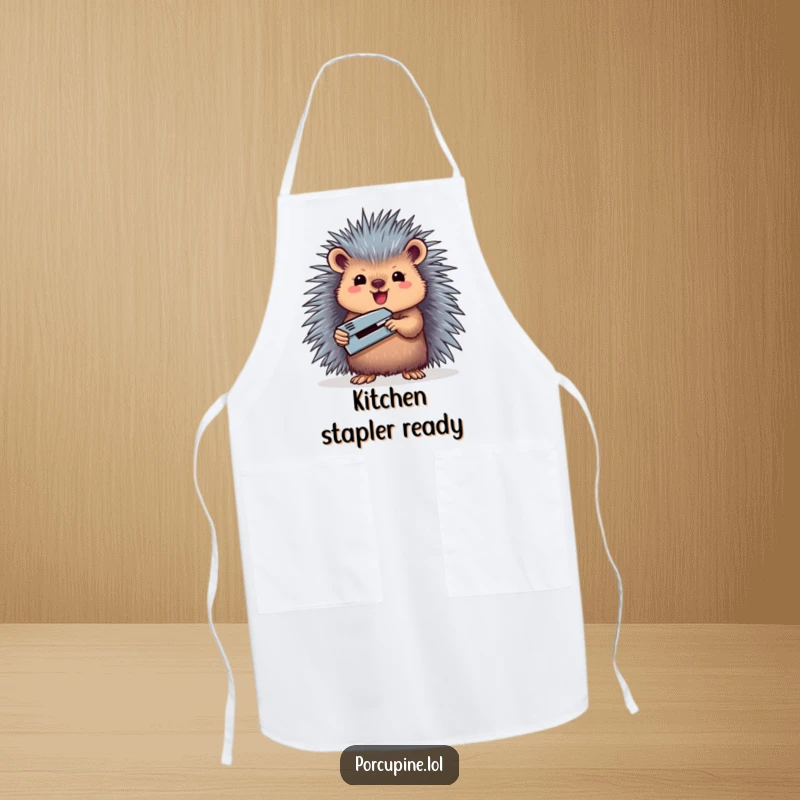 Funny apron showing a porcupine triumphantly holding a miniature stapler, ideal for kitchen or office tasks.