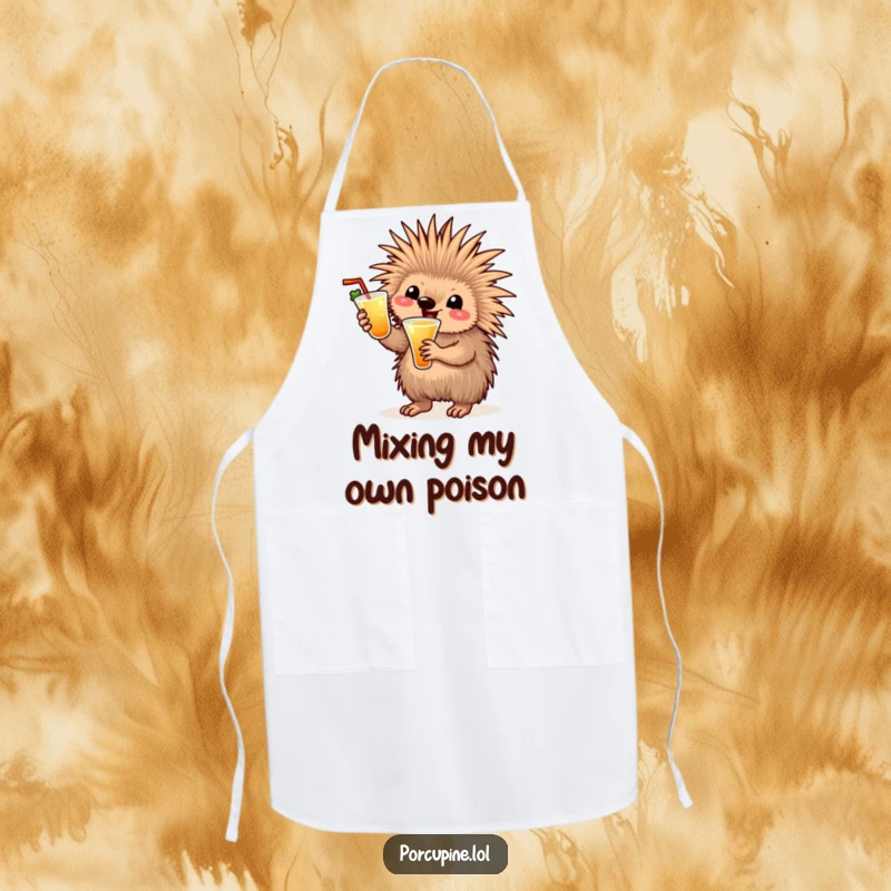 Funny cocktail porcupine apron showing a happy porcupine with a drink, waving enthusiastically, perfect for kitchen parties and cooking.