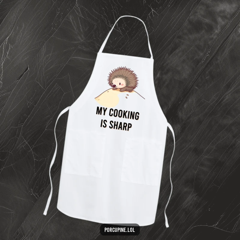 Funny apron showing a porcupine sliding down a sand dune, perfect for adding humor to kitchen tasks.