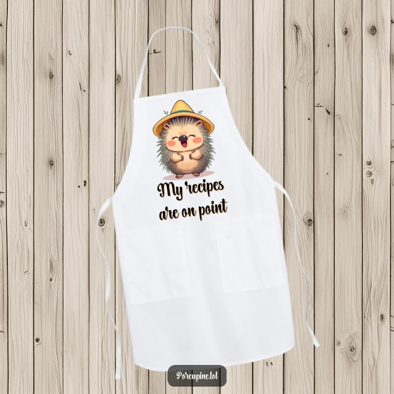 Funny apron featuring a porcupine wearing a straw hat and giggling, adding humor and charm to kitchen activities.
