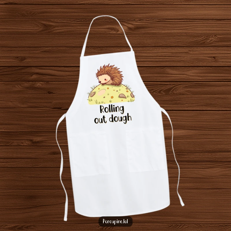 Funny apron illustrated with a porcupine rolling down a hill, adding a humorous and playful touch to kitchen duties.