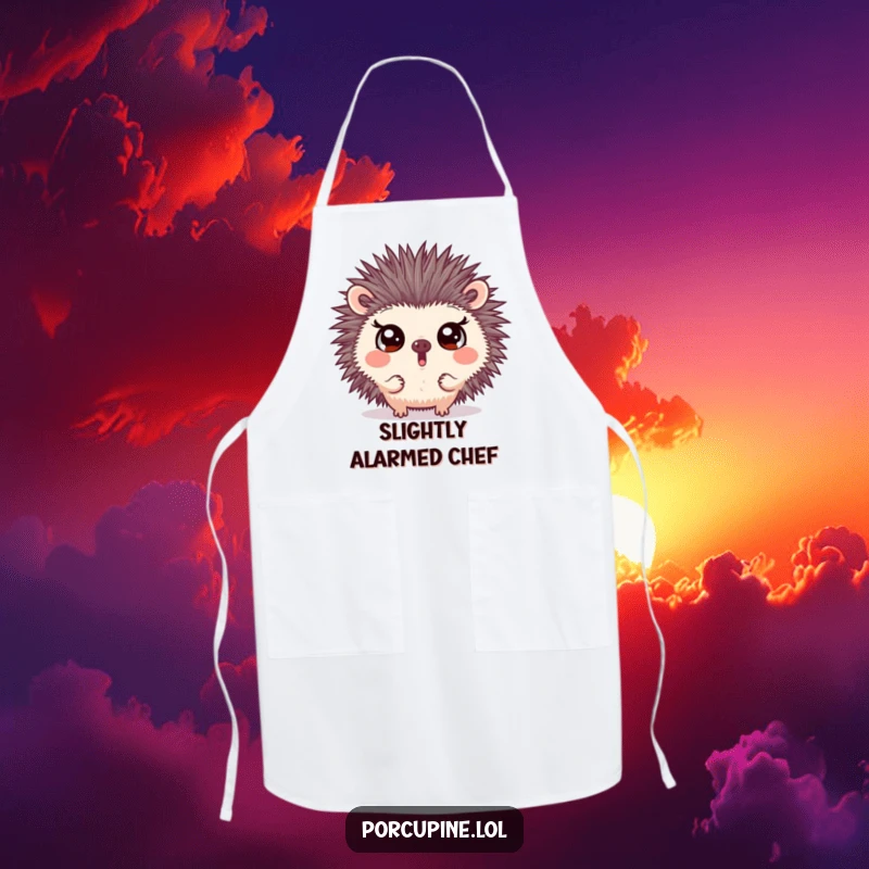 Funny apron featuring a porcupine making a surprising face with wide eyes, ideal for kitchen activities and adding a humorous, shocking touch.