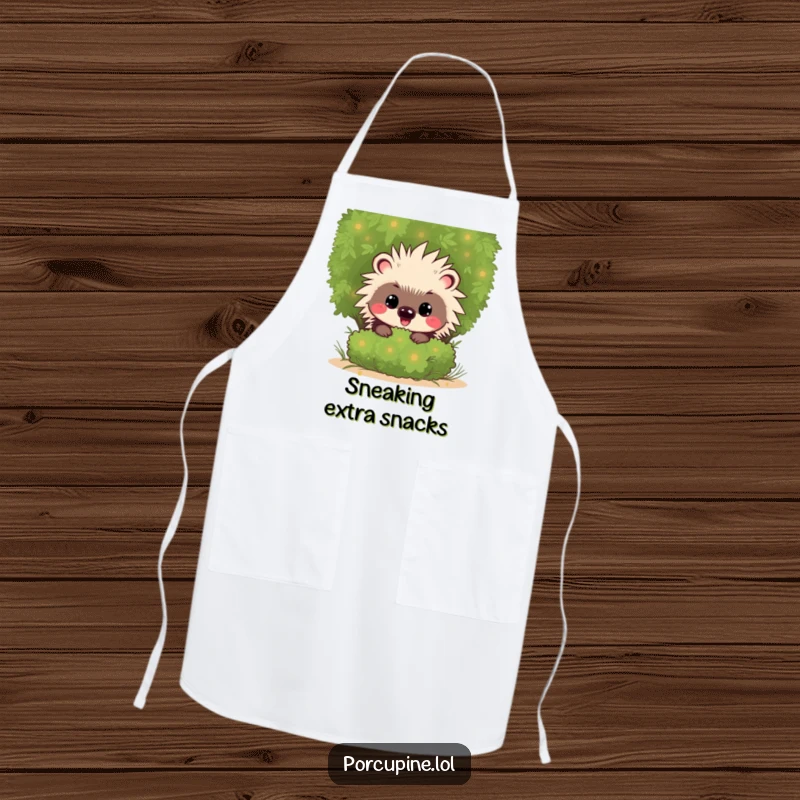 Funny Kawaii Porcupine Apron: Cute cartoon porcupine with a mischievous grin, peeking from behind a shrub, perfect for cooking.