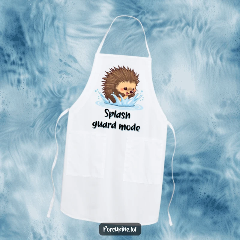 Funny dodging porcupine apron showing a porcupine playfully dodging a water splash, perfect for kitchen fun and keeping clothes dry.