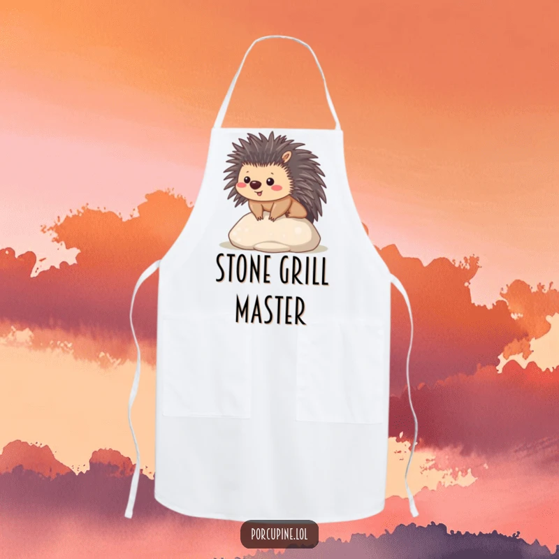Funny apron showing a content kawaii porcupine sitting on a smooth stone, a peaceful and humorous kitchen essential.