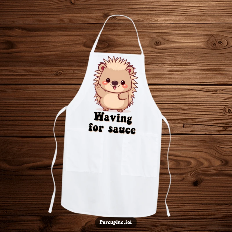 Funny apron showing a cheerful kawaii porcupine waving its paw, a friendly and humorous kitchen essential.