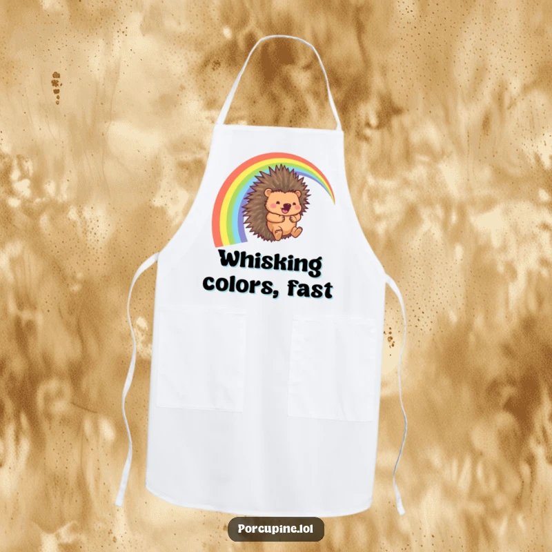Funny Porcupine Apron: Kitchen wear featuring a porcupine happily sliding down a rainbow arc with a whooshing sound, ideal for adventurous cooks.