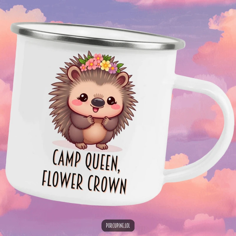 Funny Kawaii Porcupine Camping Mug: A cute porcupine wearing a flower crown looks pleased, perfect for outdoor drinks with prickly floral charm.