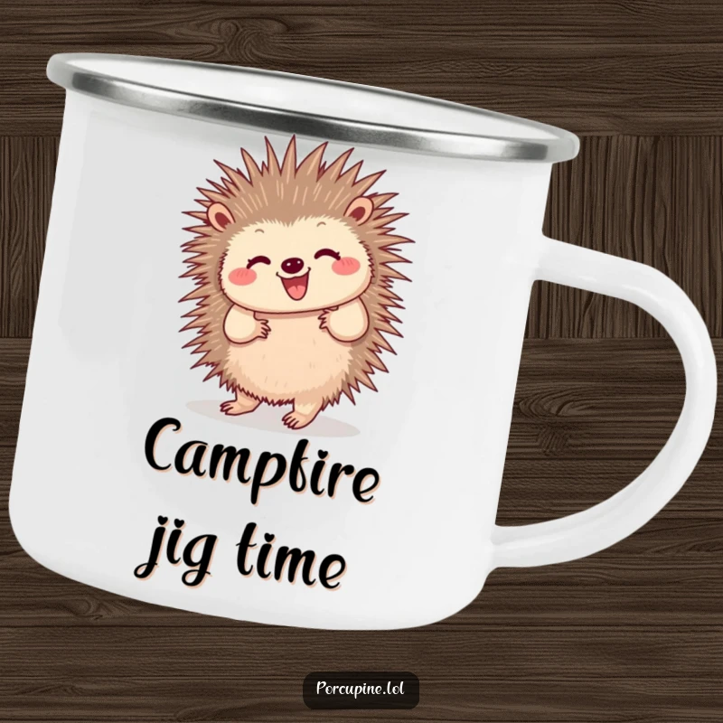 Funny camping mug with a porcupine doing a happy dance and wiggling quills, bringing cheerful energy and humor to outdoor adventures.