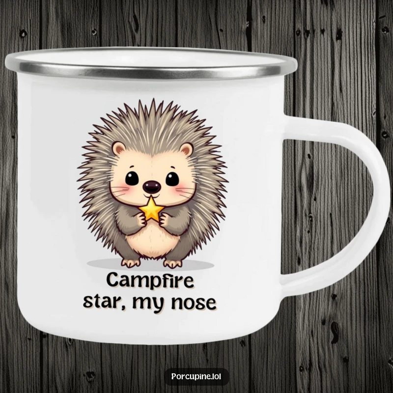 Funny Porcupine Camping Mug: Durable outdoor mug featuring a porcupine balancing a tiny, shimmering star on its nose, ideal for outdoor dreamers.