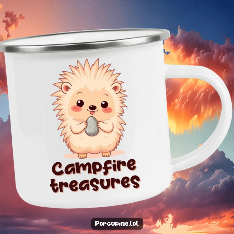 Funny camping mug featuring a happy porcupine presenting a single, shiny pebble, ready for outdoor appreciation.