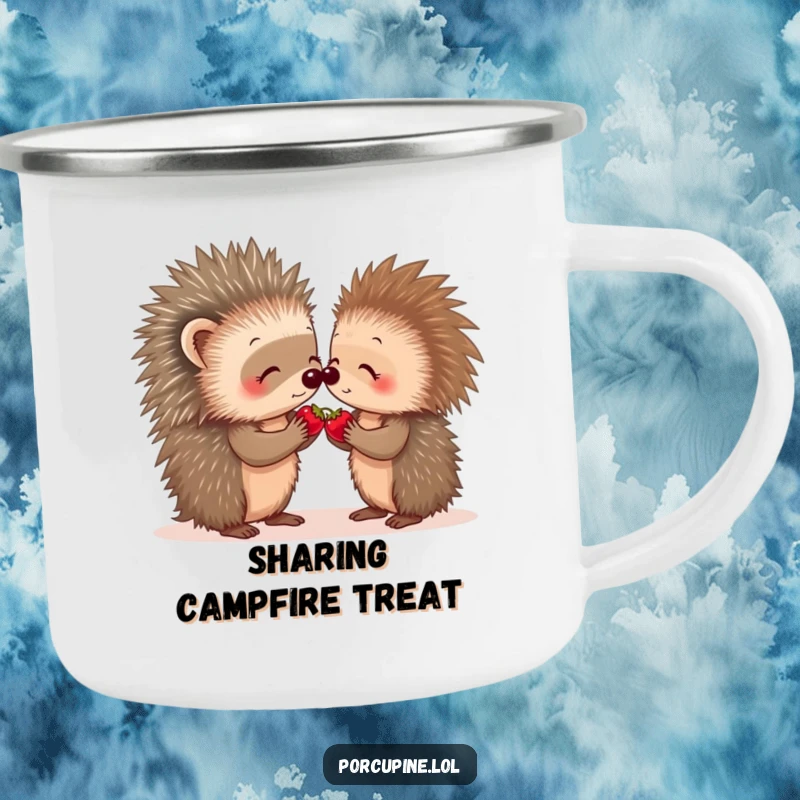 Funny porcupine berry share camping mug featuring two porcupines sharing a berry, ideal for outdoor brews and camaraderie.