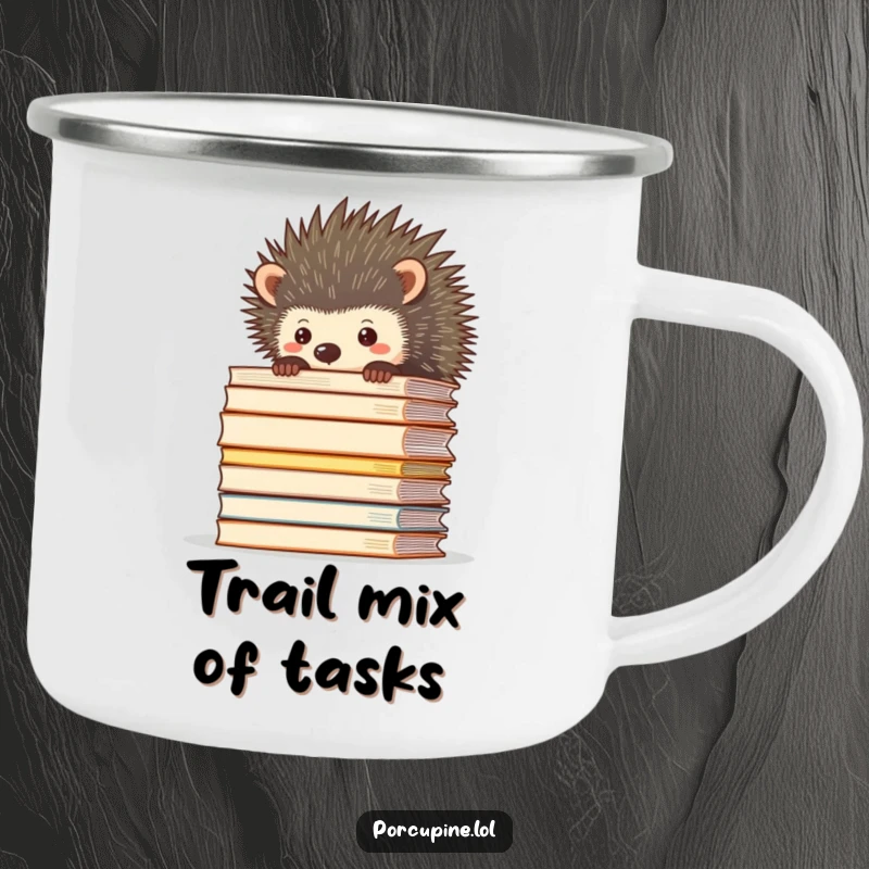 Funny camping mug featuring a porcupine peering over a massive pile of files, perfect for office survival on the go.