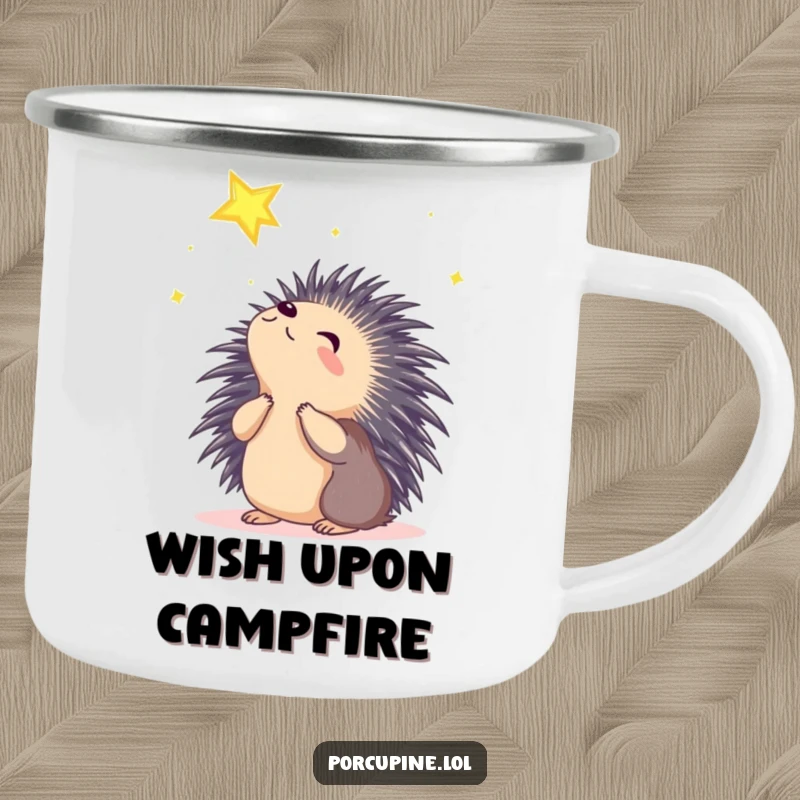 Funny wondering porcupine camping mug featuring a porcupine looking at a shining star with wonder, ready for starry outdoor brews.