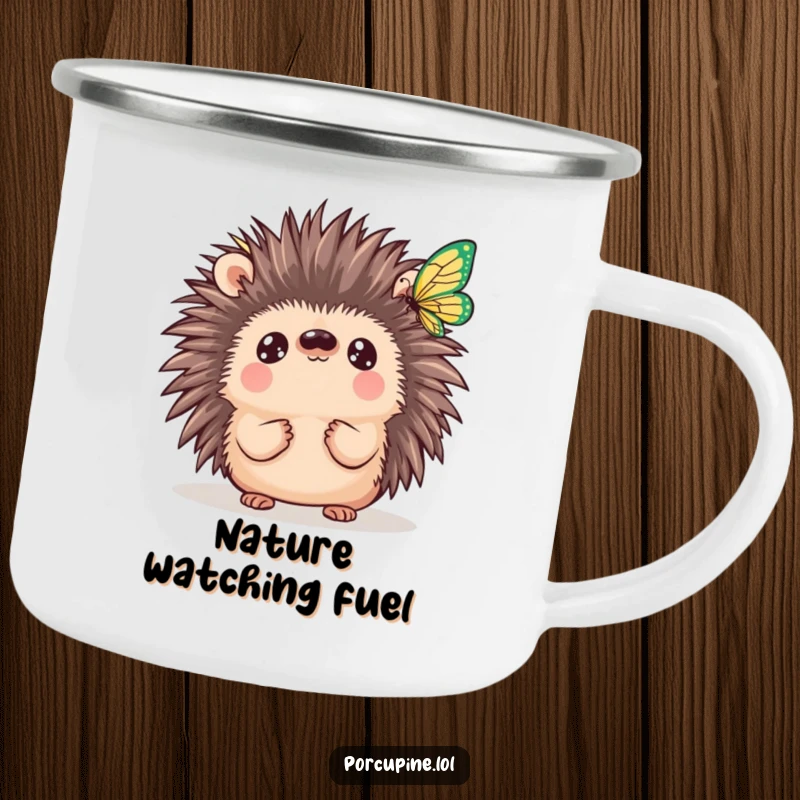 Funny Kawaii Porcupine Camping Mug: A cute porcupine observes a butterfly, perfect for outdoor drinks with a dose of prickly enchantment and nature's humor.