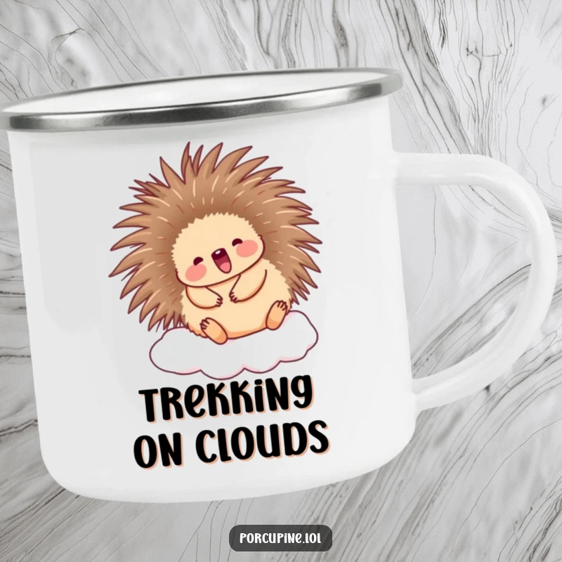 Funny Porcupine Camping Mug: Cute porcupine happily bouncing on a cloud, perfect for funny outdoor moments.