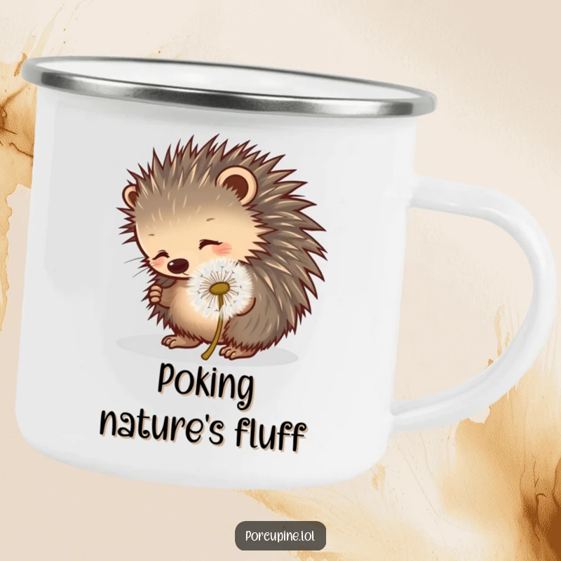 Funny porcupine camping mug showing a porcupine playfully poking a rolling dandelion puff, perfect for fun outdoor trips.