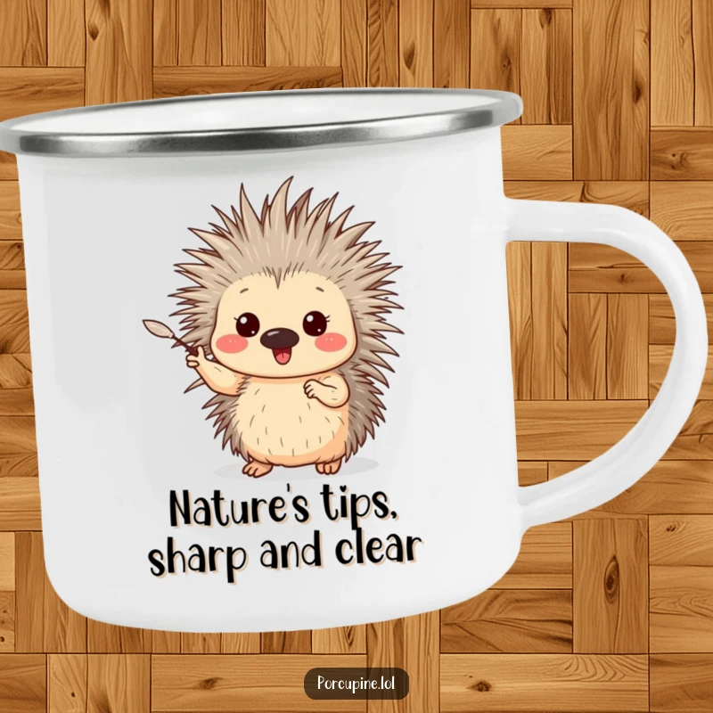 Funny Porcupine Camping Mug: Durable outdoor mug featuring a porcupine energetically gesturing with a single, gentle quill, ideal for outdoor adventures.