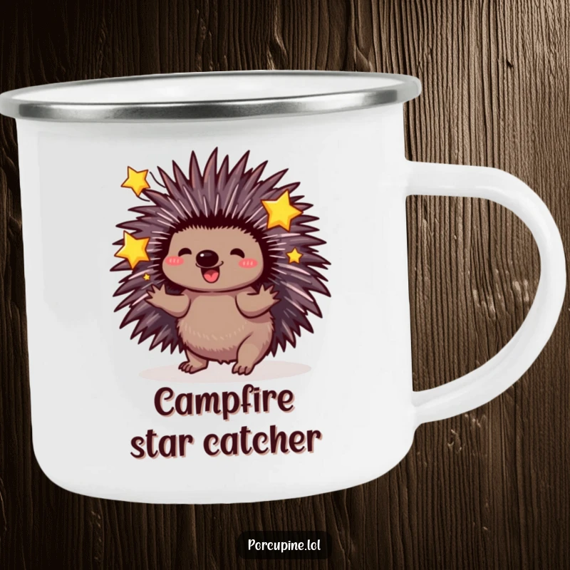 Funny Porcupine Camping Mug: Porcupine playfully juggles sparkling stars with quills, perfect for funny outdoor magic.