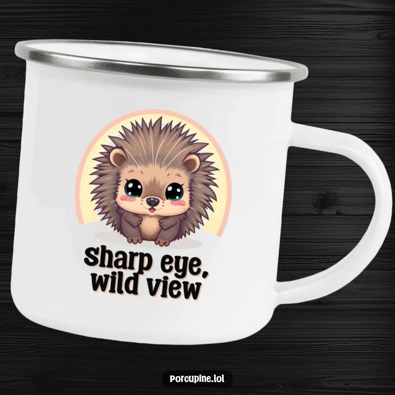 Funny camping mug with a wide-eyed porcupine peeking through a vibrant rainbow, designed for outdoor enthusiasts who love humor.