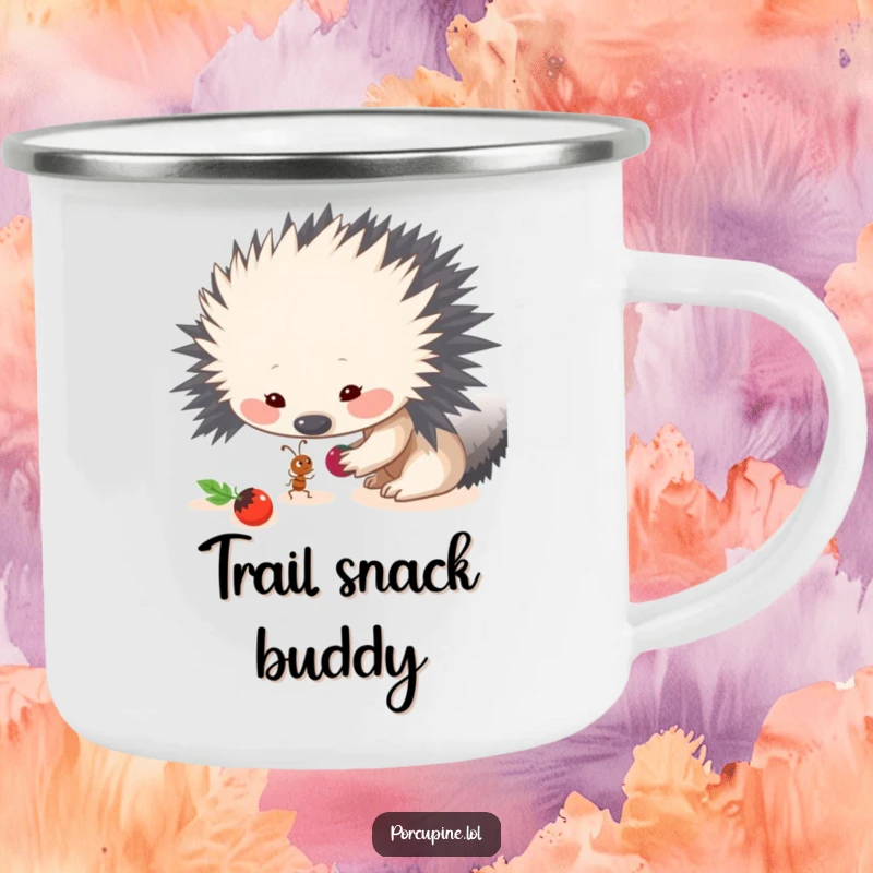 Funny camping mug illustration of a porcupine sharing a berry with a small ant, perfect for promoting kindness outdoors.
