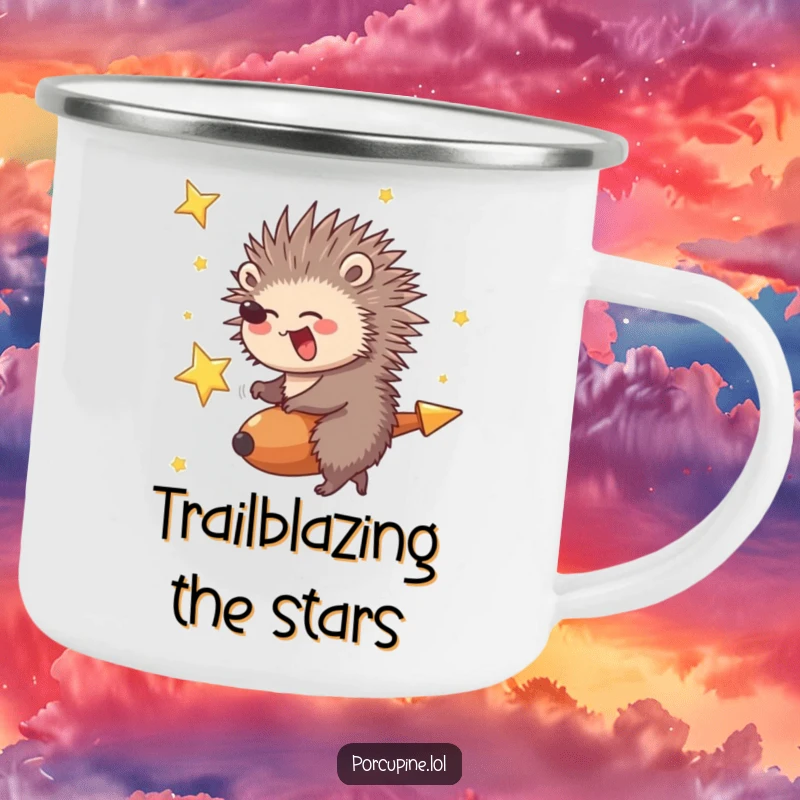 Funny Porcupine Camping Mug: Porcupine giggling while riding a shooting star, perfect for funny outdoor adventures.