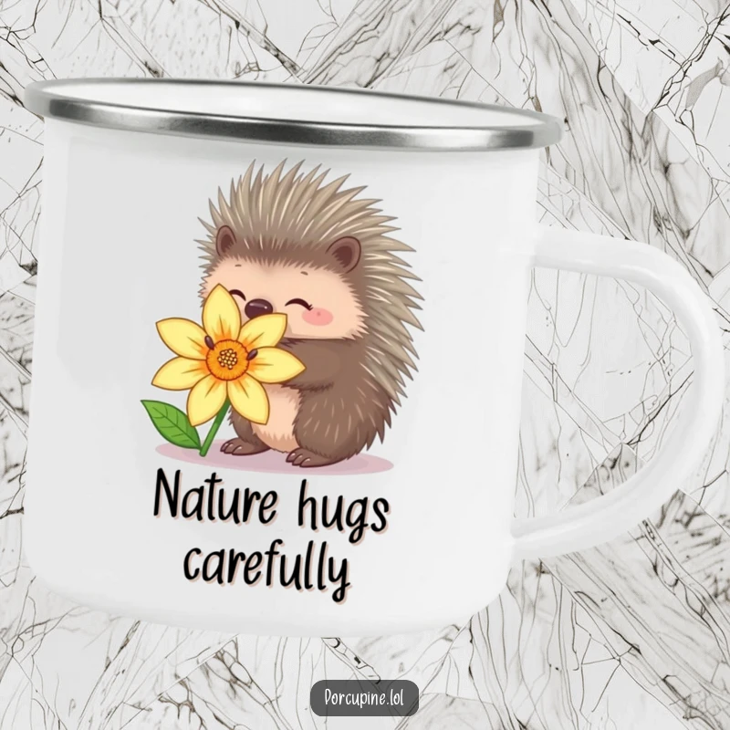 Funny porcupine camping mug showing a porcupine retracting quills to hug a flower, perfect for gentle outdoor enjoyment.