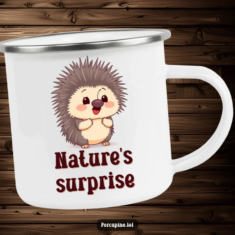 Funny camping mug illustration of a surprised porcupine with a butterfly on its nose, perfect for adventurers who love surprises.