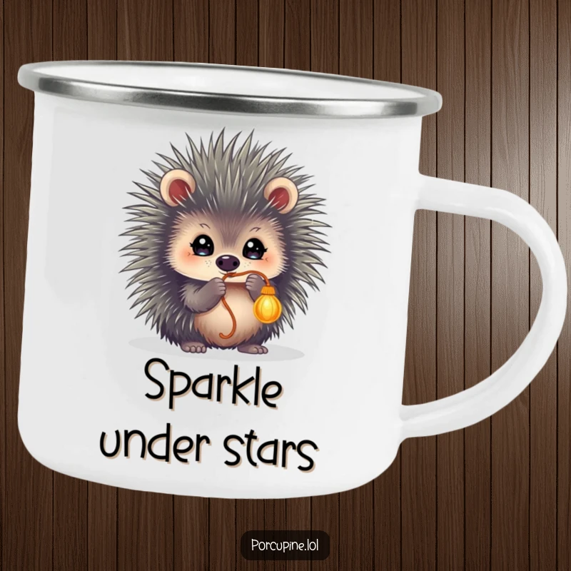 Funny camping mug featuring a porcupine with sparkling eyes, playfully batting at a dangling string, ready for outdoor fun.