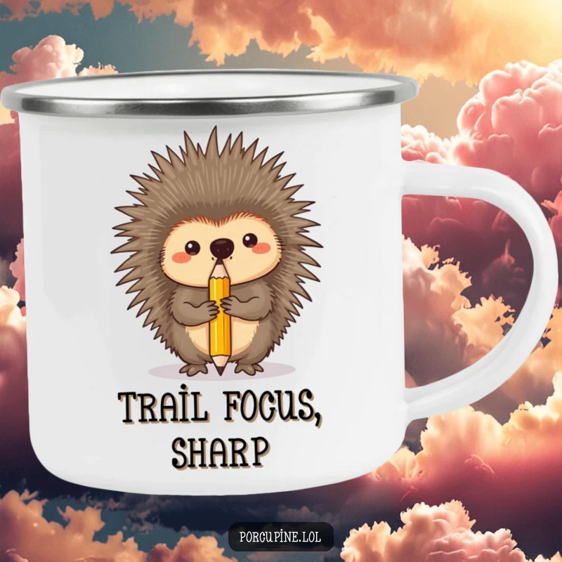 Funny camping mug featuring a porcupine with extreme concentration, balancing a pencil on its nose, ideal for outdoor focus.