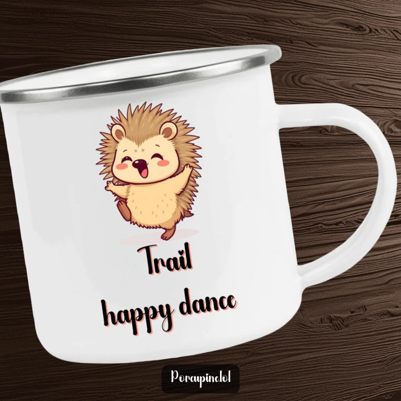 Funny Camping Mug with a porcupine joyfully dancing, hind legs kicking, ready for outdoor fun and celebratory sips around the fire.