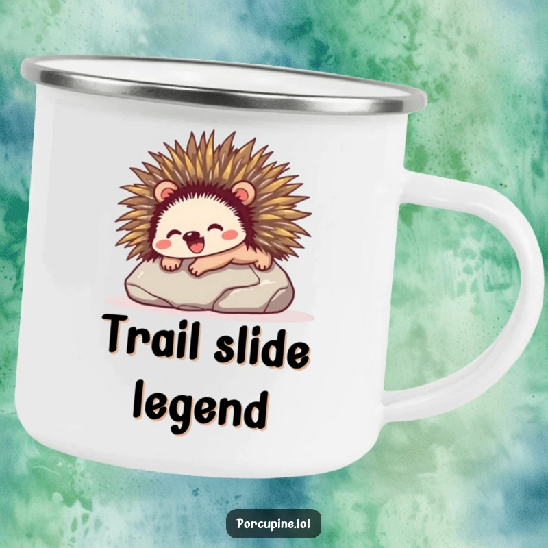 Funny camping mug featuring a porcupine sliding down a smooth stone with pure glee, perfect for outdoor enthusiasts.