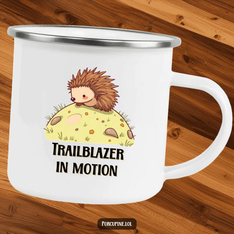 Funny camping mug with a design of a porcupine hilariously rolling down a slope, perfect for outdoor enthusiasts.
