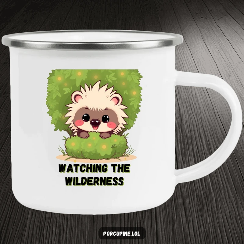 Funny Kawaii Porcupine Camping Mug: Sturdy and cute cartoon porcupine with a mischievous grin, peeking from behind foliage, perfect for outdoors.